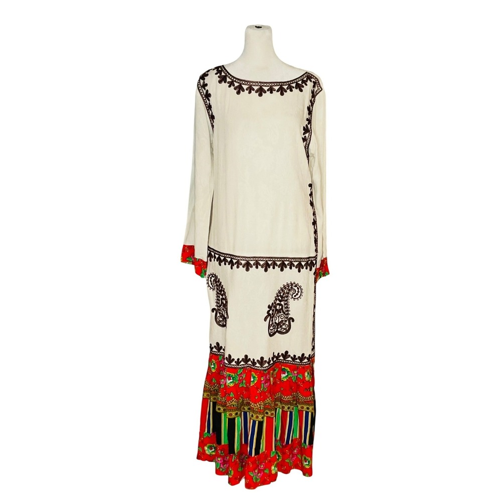 VTG Y2K Boho Paisley Maxi Caftan Dress Cream Jacquard Embroidered Patchwork S